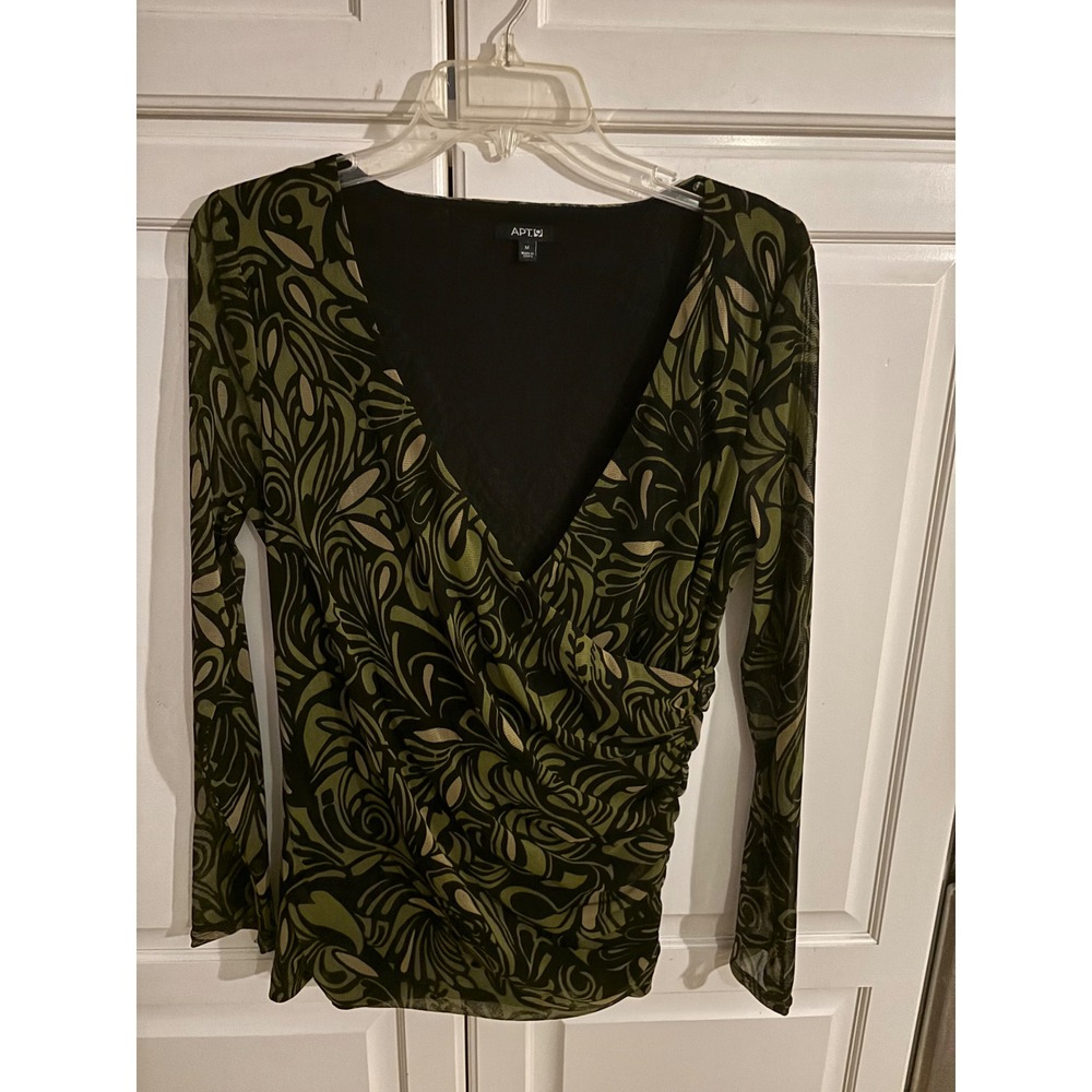 APT 9 Womens Black Green Abstract Print Ruched Long Sleeve V‎ Neck Top Medium